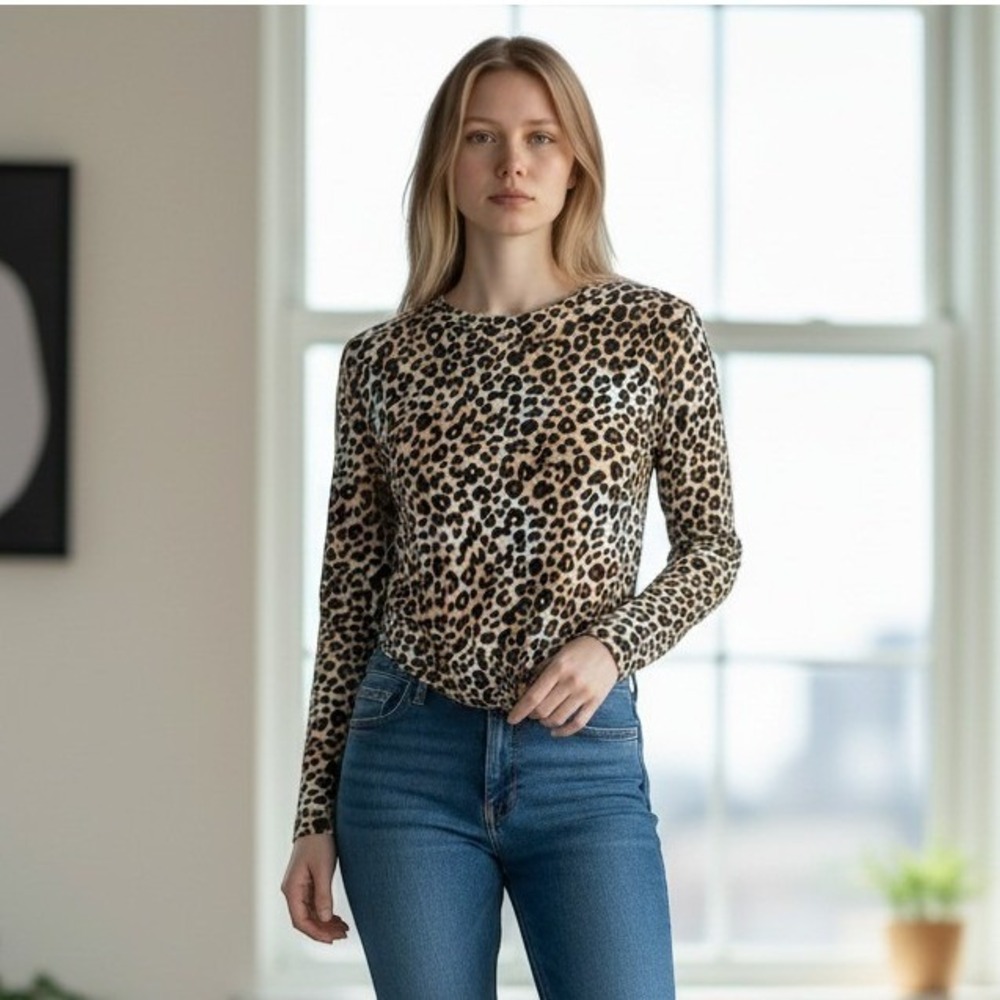 Windsor Brown Leopard Print Top Women S Long Sleeve Front Knot Crop T24202-1